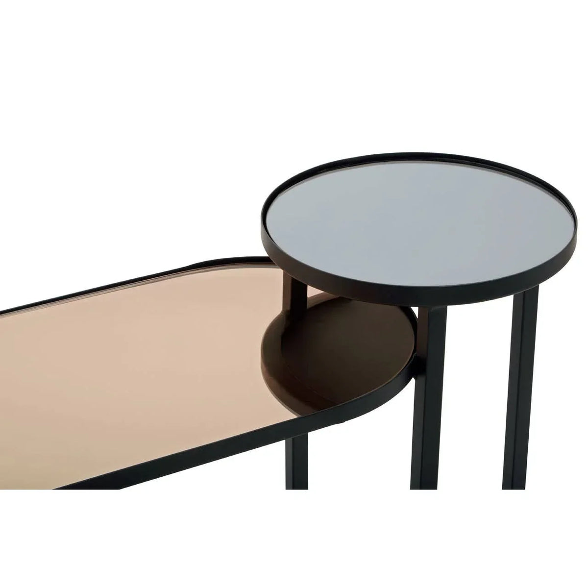 Nesting coffee table set with glass tops and black metal frames