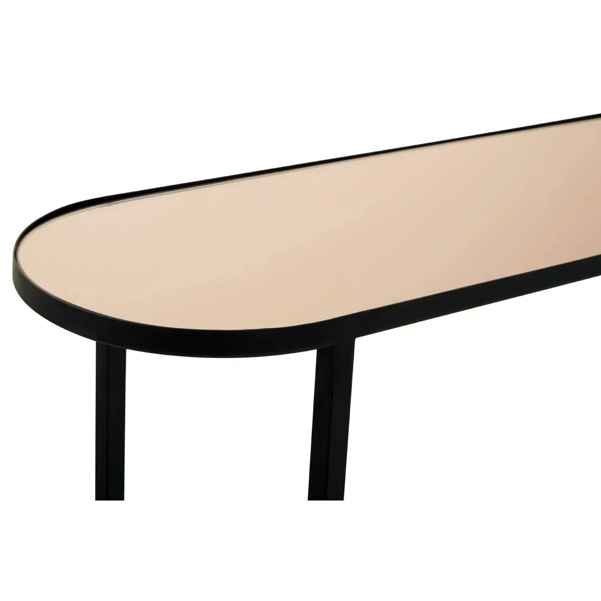 Modern console table with black metal frame and beige glass top, close view of edge and legs
