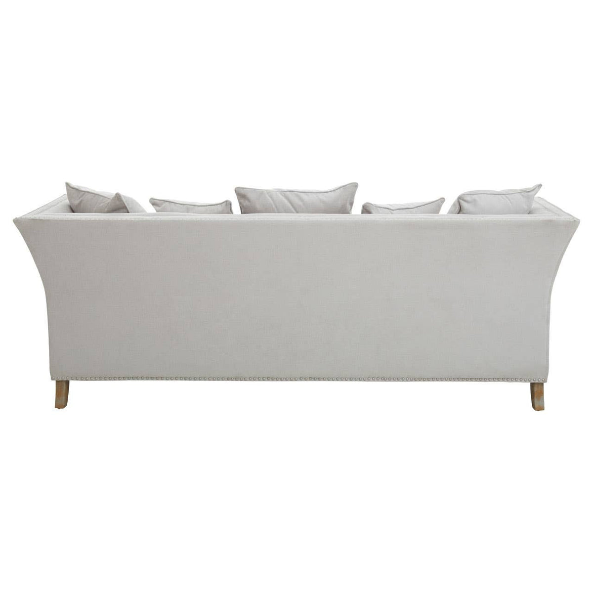 Three-seat sofa upholstered in grey fabric with a sleek, modern design, featuring a curved back and four decorative cushions on the seat. The sofa stands on light wooden legs, showcasing a minimalist aesthetic suitable for contemporary living spaces