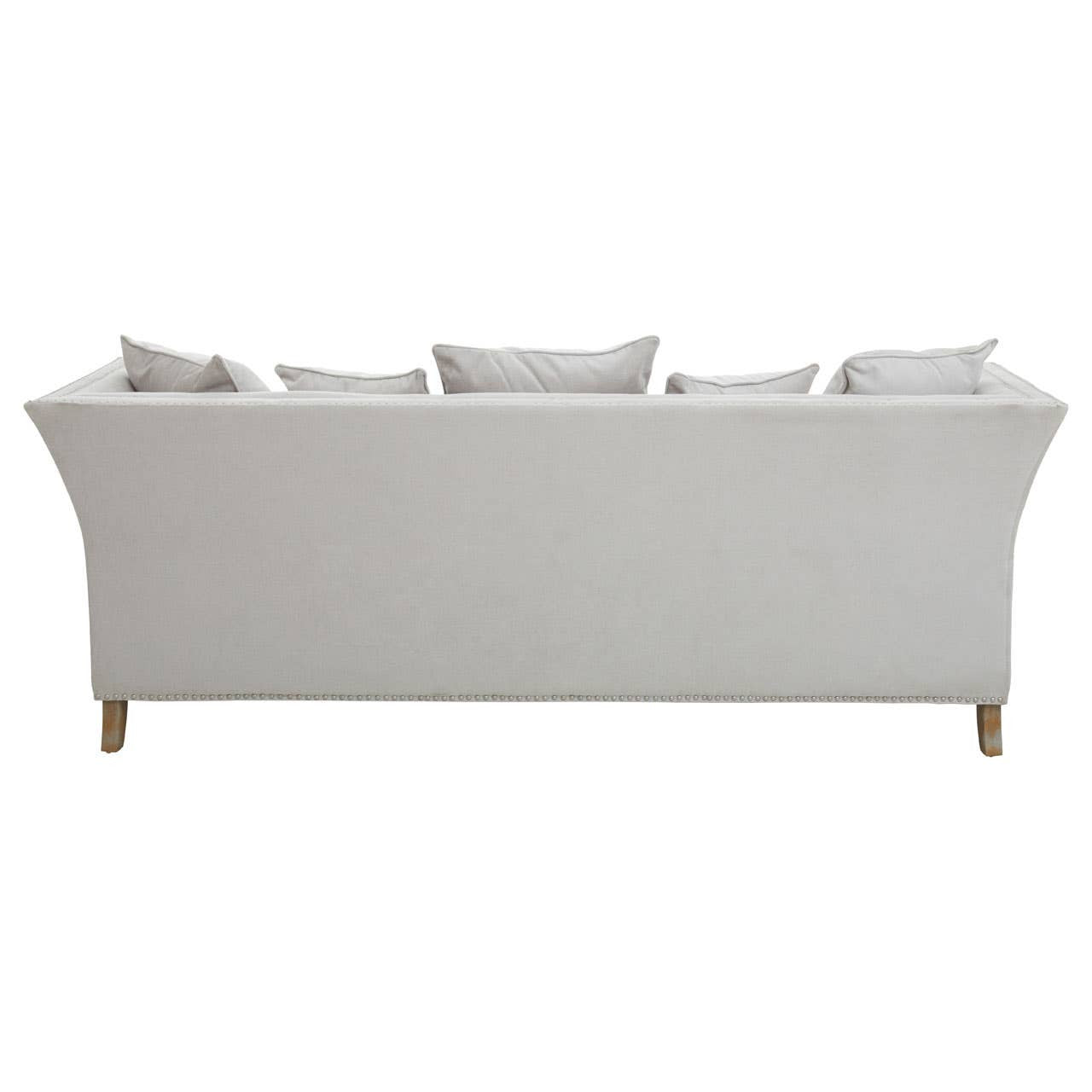 Three-seat sofa upholstered in grey fabric with a sleek, modern design, featuring a curved back and four decorative cushions on the seat. The sofa stands on light wooden legs, showcasing a minimalist aesthetic suitable for contemporary living spaces