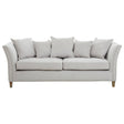 Three-seat sofa upholstered in light grey fabric with a curved backrest and armrests, featuring three plush cushions and wooden legs