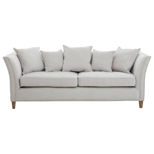 Three-seat sofa upholstered in light grey fabric with a curved backrest and armrests, featuring three plush cushions and wooden legs