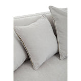 Three-seat sofa upholstered in light grey fabric, featuring two plush back cushions that match the sofa's color, showcasing a modern and minimalist design