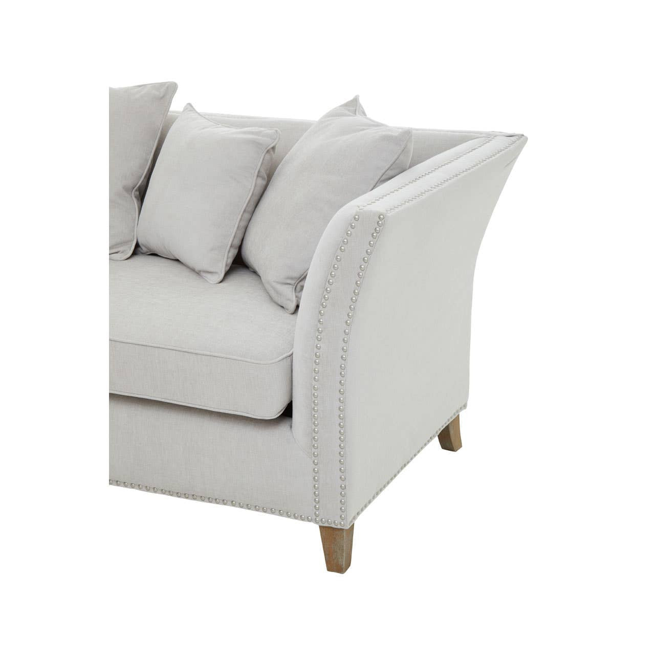 Three-seat sofa upholstered in grey fabric featuring a sleek design, curved armrests, and four plush cushions. The sofa is supported by wooden legs, adding a touch of elegance to its modern aesthetic