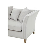 Three-seat sofa upholstered in grey fabric featuring a sleek design, curved armrests, and four plush cushions. The sofa is supported by wooden legs, adding a touch of elegance to its modern aesthetic