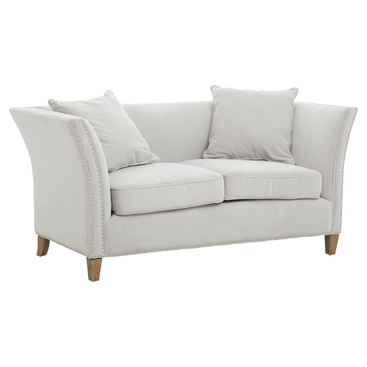 Two-seat sofa upholstered in light grey fabric with two plush back cushions and two seat cushions, featuring curved armrests and wooden legs
