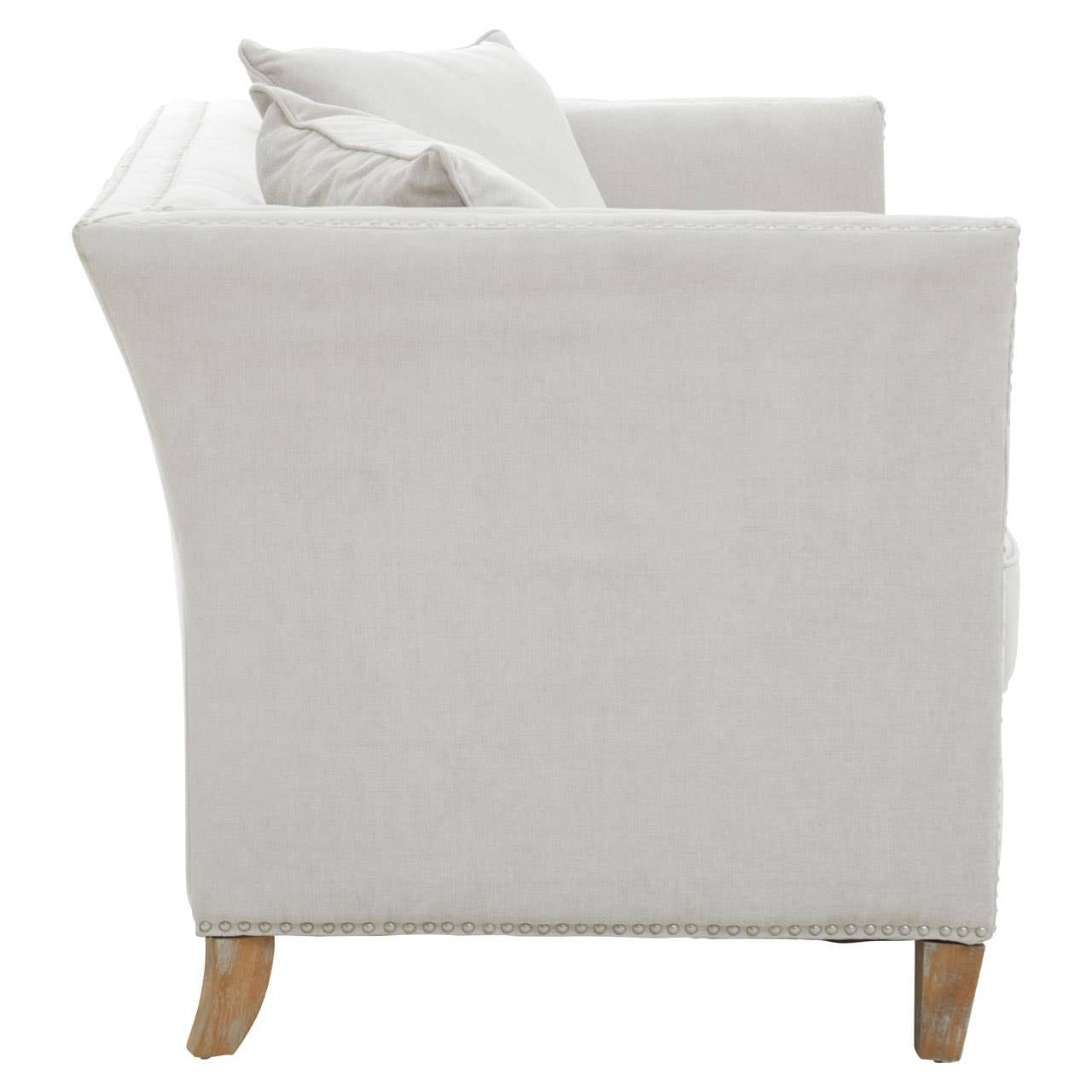 Two-seat sofa upholstered in grey fabric with a sleek, modern design. The sofa features a curved backrest and wooden legs, providing a stylish and comfortable seating option. A decorative cushion is placed on one side, enhancing its aesthetic appeal