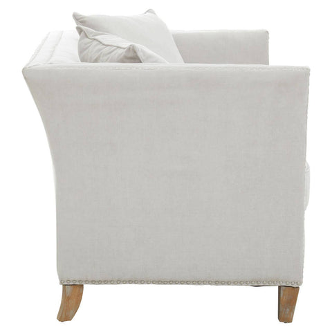 Two-seat sofa upholstered in grey fabric with a sleek, modern design. The sofa features a curved backrest and wooden legs, providing a stylish and comfortable seating option. A decorative cushion is placed on one side, enhancing its aesthetic appeal