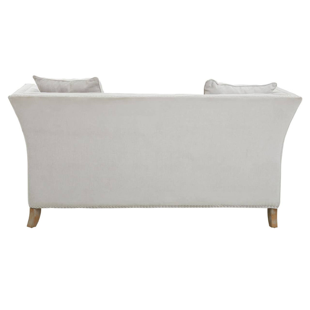 Two-seat sofa upholstered in grey fabric with a sleek, modern design, featuring two plush back cushions and tapered wooden legs. The back view showcases a smooth, curved silhouette