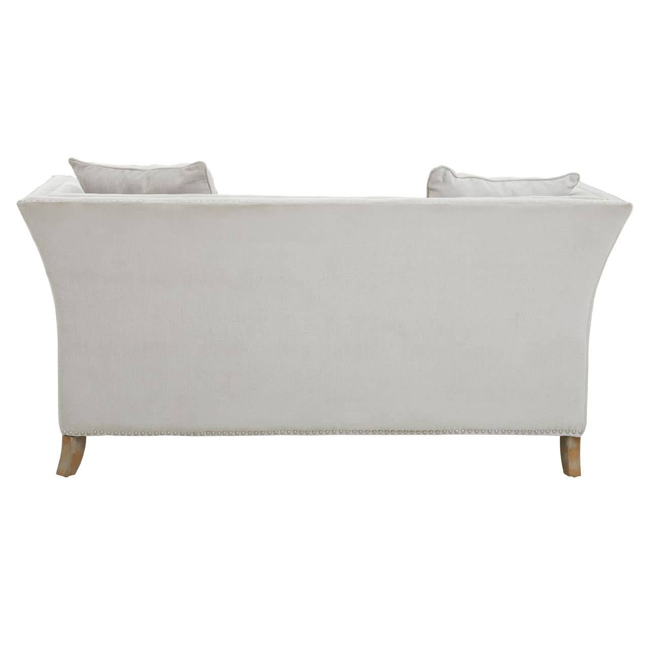 Two-seat sofa upholstered in grey fabric with a sleek, modern design, featuring two plush back cushions and tapered wooden legs. The back view showcases a smooth, curved silhouette
