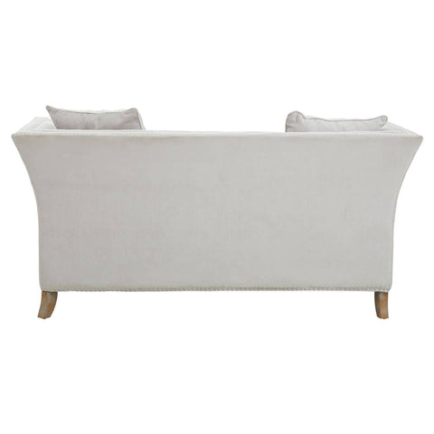 Two-seat sofa upholstered in grey fabric with a sleek, modern design, featuring two plush back cushions and tapered wooden legs. The back view showcases a smooth, curved silhouette