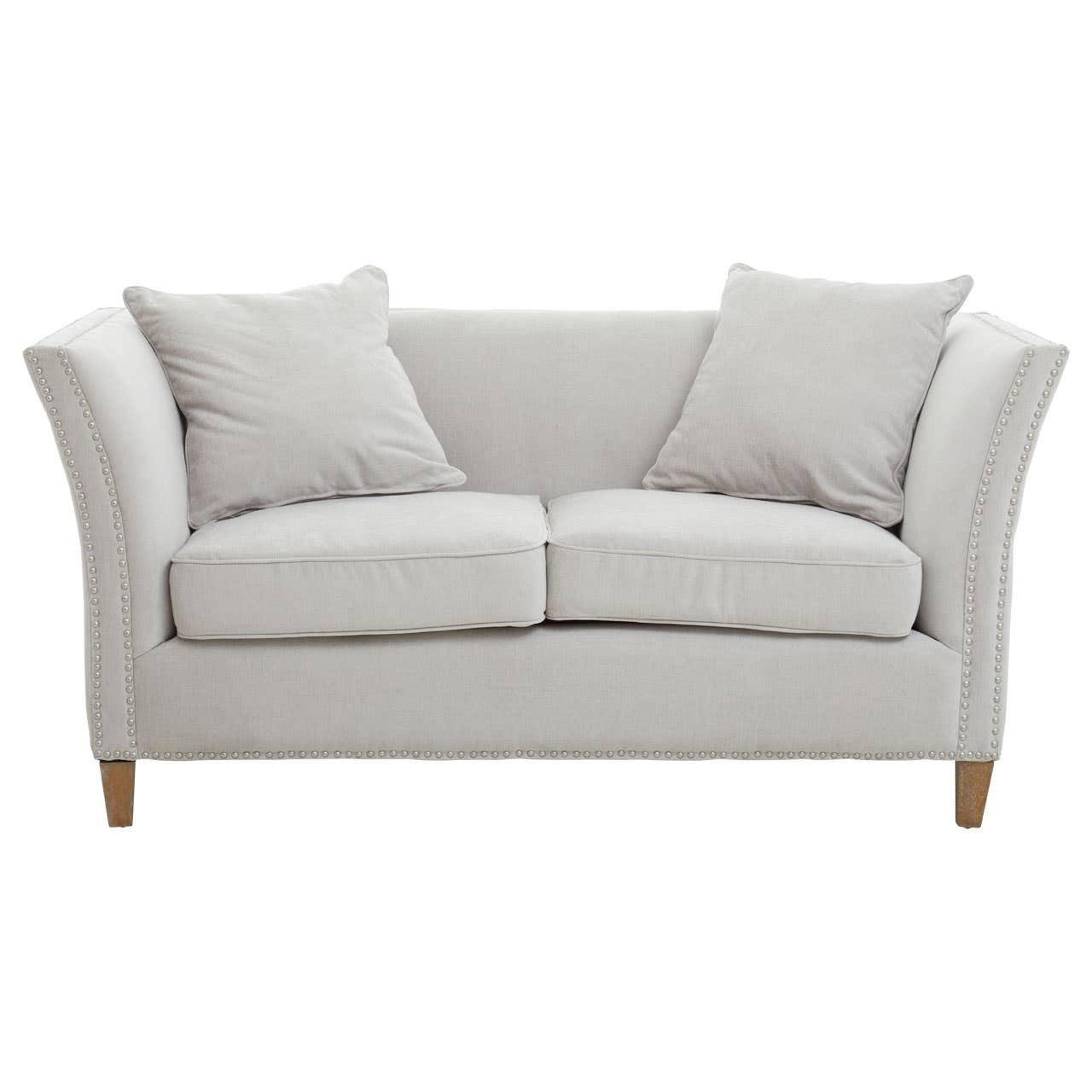 Two-seat sofa upholstered in light grey fabric with two plush back cushions and two seat cushions, featuring curved armrests and wooden legs