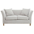 Two-seat sofa upholstered in light grey fabric with two plush back cushions and two seat cushions, featuring curved armrests and wooden legs