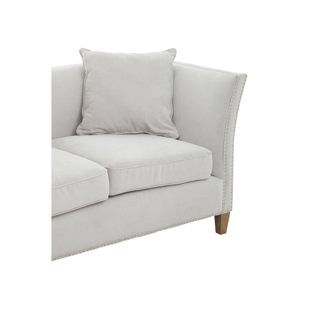 Two-seat sofa upholstered in light grey fabric, featuring a plush seat cushion and a matching back cushion. The sofa has a modern design with tapered wooden legs, showcasing a clean and contemporary aesthetic