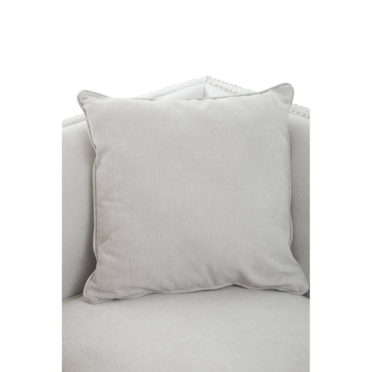Two-seat sofa upholstered in soft grey fabric, featuring a plush backrest and armrests. A large, square cushion in a matching grey tone is positioned on one side, enhancing the cozy appearance. The sofa has a modern design with clean lines and a sturdy frame