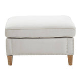 Grey fabric footstool with a cushioned top and wooden legs, featuring a simple and modern design suitable for home decor