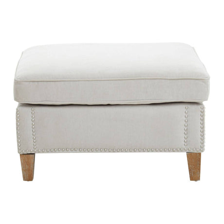 Grey fabric footstool with a cushioned top and wooden legs, featuring a simple and modern design suitable for home decor