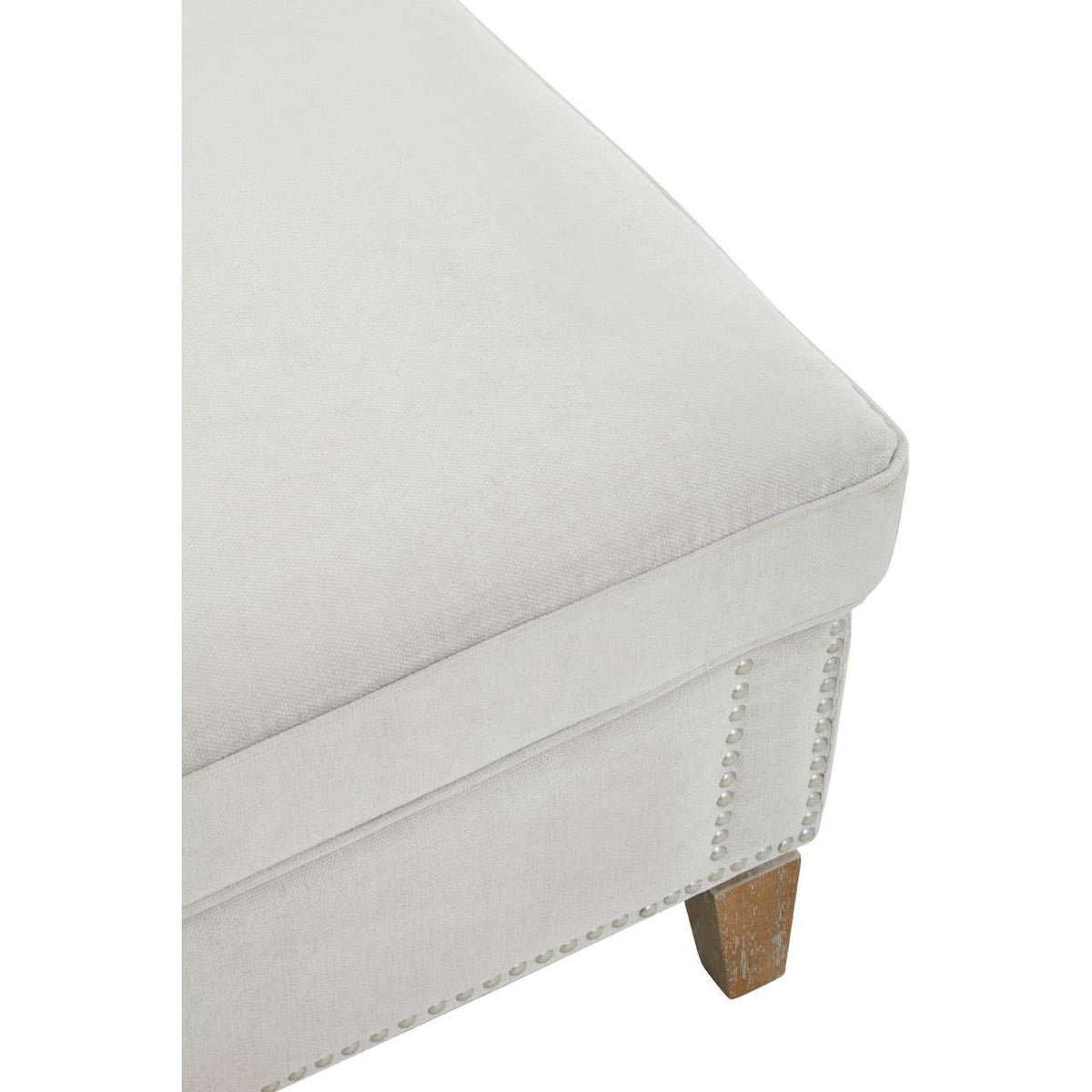 Grey fabric footstool with a soft, cushioned top and wooden legs, showcasing a clean and modern design