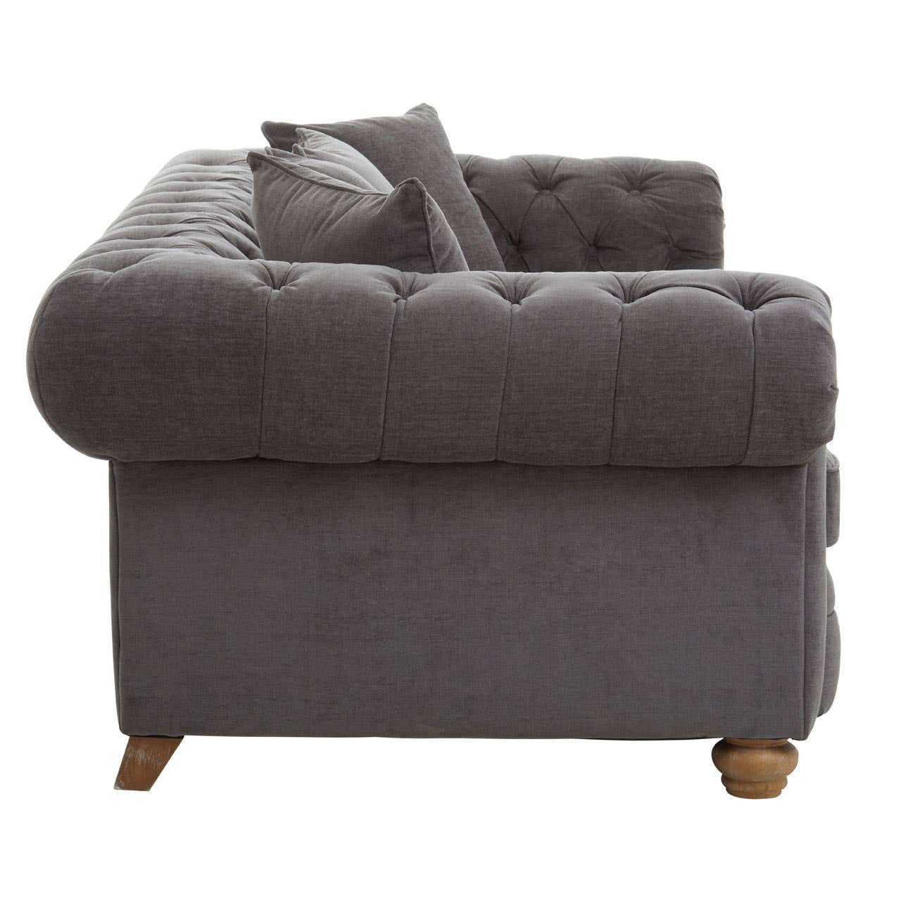 Three-seat grey fabric sofa featuring a tufted backrest, plush cushions, and wooden legs. The sofa has a contemporary design with a rounded armrest and a soft texture, making it suitable for modern living spaces
