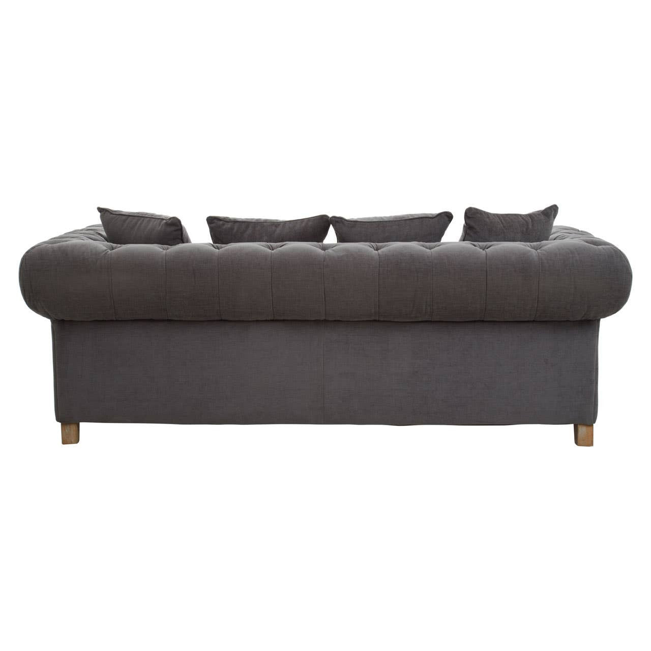 Three-seat sofa upholstered in grey fabric with a rounded back and five matching cushions, resting on wooden legs