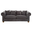 Three-seat sofa upholstered in grey fabric, featuring a classic design with rolled arms and four matching cushions. The sofa rests on wooden legs, showcasing a sturdy and elegant appearance suitable for various living spaces