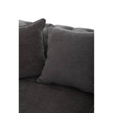 Grey fabric sofa with three seats, featuring plush cushions and a modern design. The sofa has a soft texture and is shown with two decorative pillows on one side
