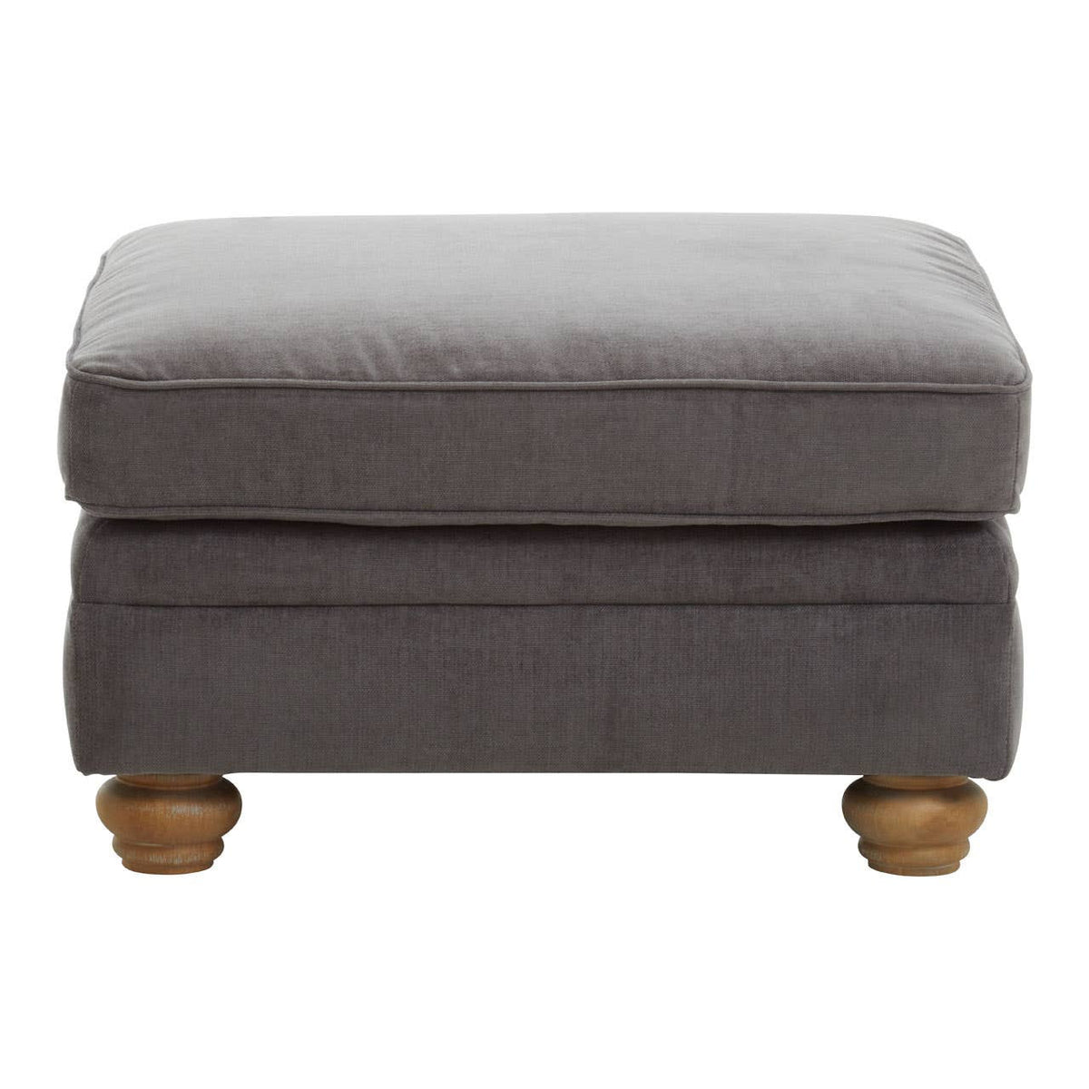 Grey fabric footstool with a plush top cushion and wooden legs, featuring a simple and modern design suitable for various home decor styles