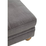 Grey fabric footstool with a soft, textured surface and rounded wooden legs, showcasing a modern and comfortable design suitable for home decor