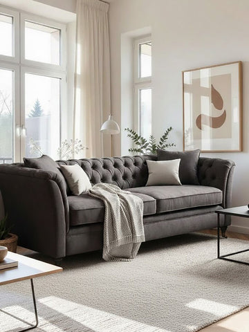 Three-seat grey velvet sofa with tufted backrest, two decorative pillows, and a cozy throw blanket draped over one arm, positioned in a bright living room with large windows and a light-colored rug. A coffee table sits in front, complementing the modern decor