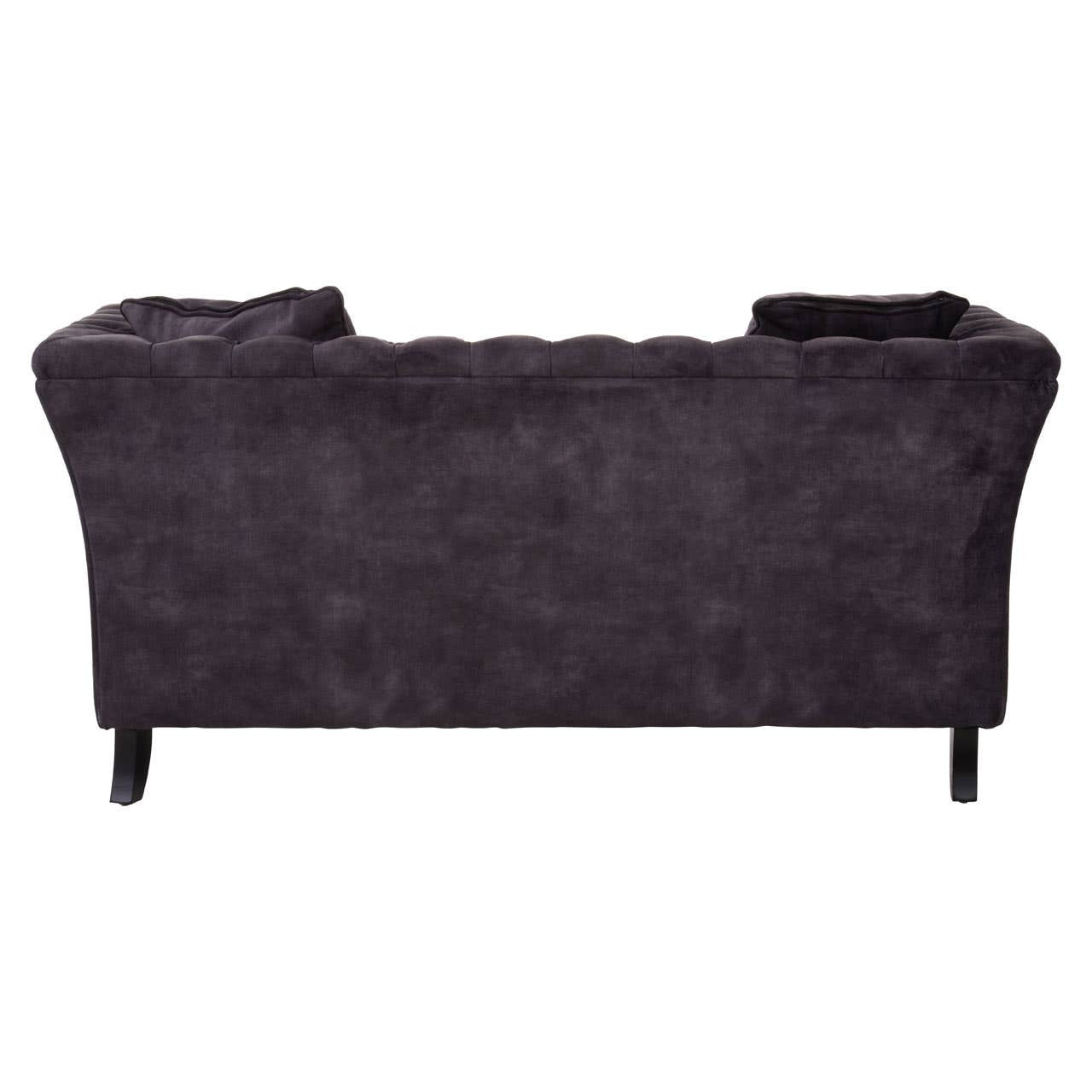 Two-seat sofa upholstered in grey velvet with a smooth texture, featuring a curved backrest and tapered legs. The design includes subtle tufting along the back, adding a touch of elegance