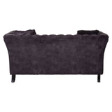 Two-seat sofa upholstered in grey velvet with a smooth texture, featuring a curved backrest and tapered legs. The design includes subtle tufting along the back, adding a touch of elegance