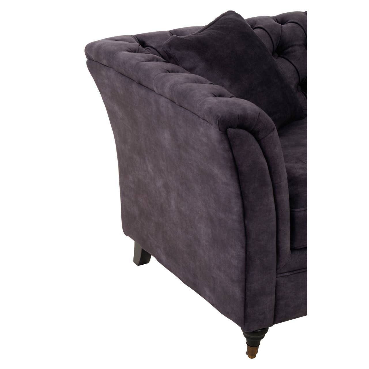 Grey velvet two-seat sofa featuring a curved armrest and plush upholstery, with wooden legs providing support. The fabric has a soft texture, and there are decorative cushions on the seat