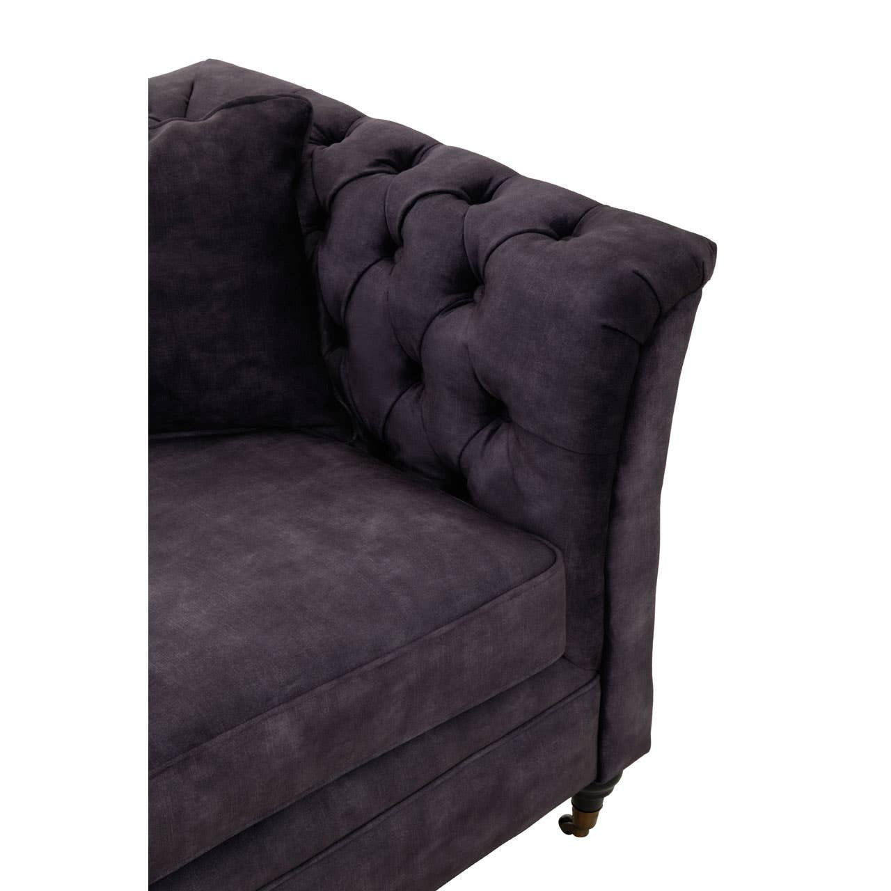 Grey velvet sofa featuring a tufted backrest and sleek armrests, with a plush seat cushion and elegant legs