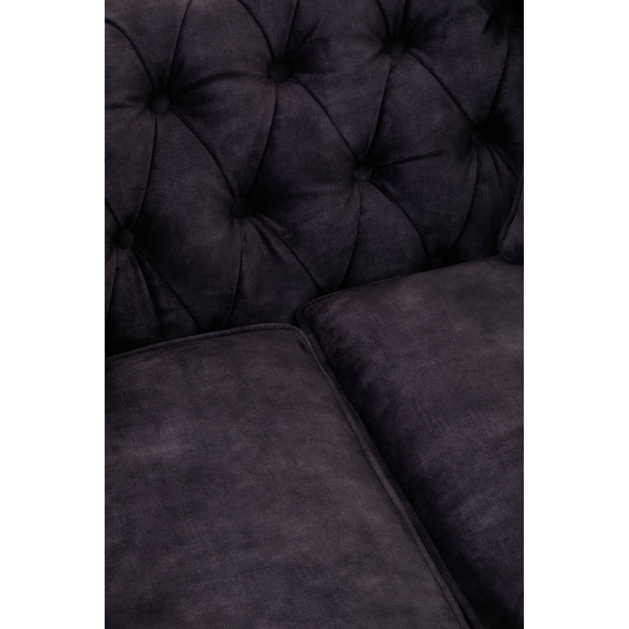 Grey velvet sofa with a tufted backrest and plush cushions, designed for two seats, showcasing a soft texture and elegant appearance