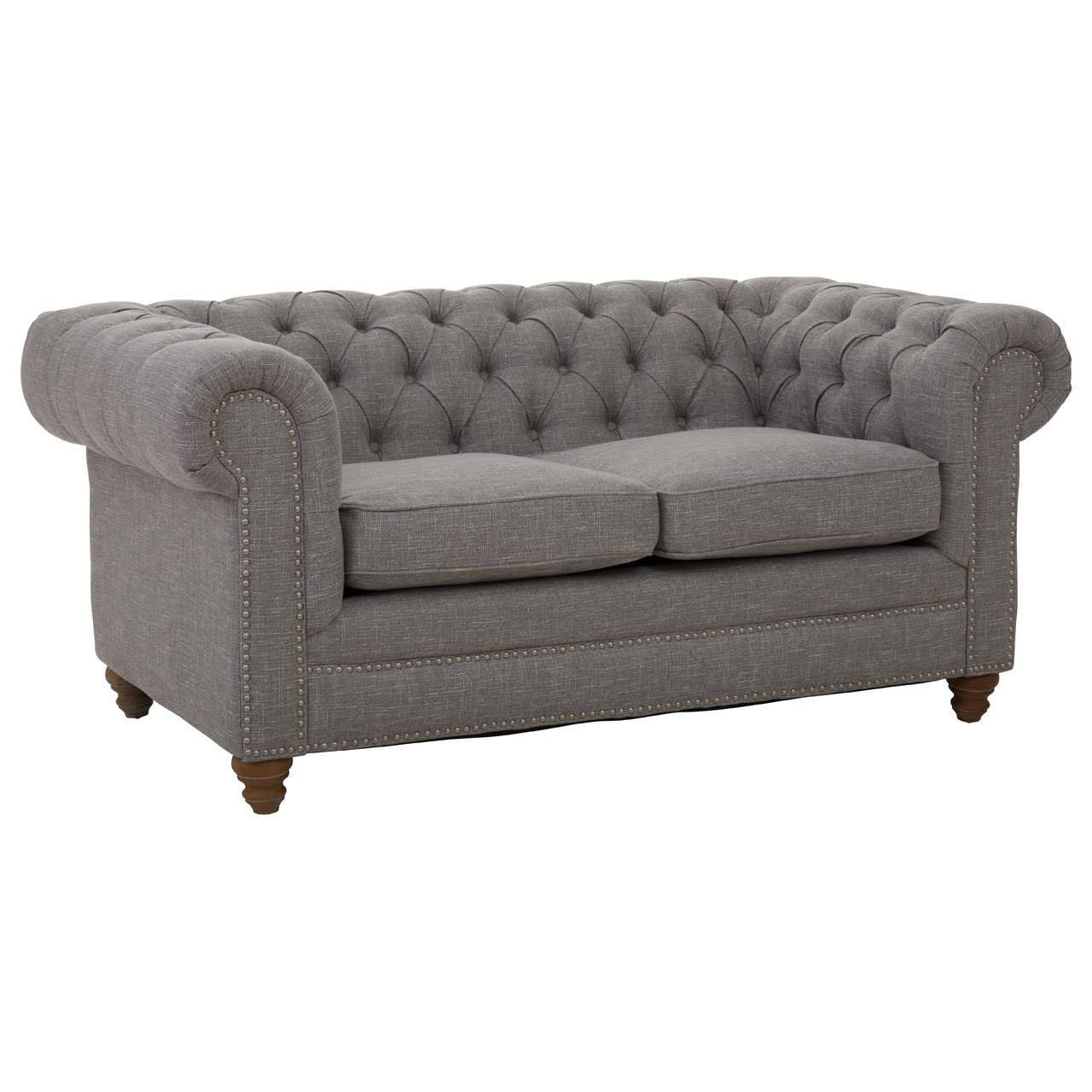 Two-seat sofa upholstered in grey linen with tufted backrest and rolled arms, featuring wooden legs