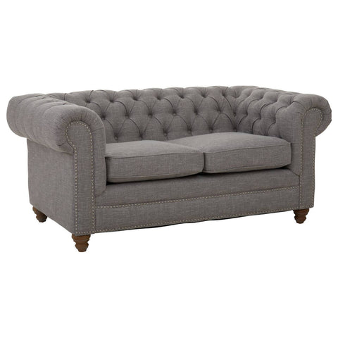 Two-seat sofa upholstered in grey linen with tufted backrest and rolled arms, featuring wooden legs