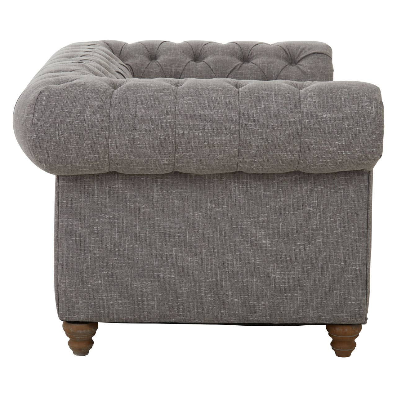 Two-seat sofa upholstered in grey linen with a tufted backrest and rounded armrest, featuring wooden legs. The design is modern and elegant, suitable for various interior styles