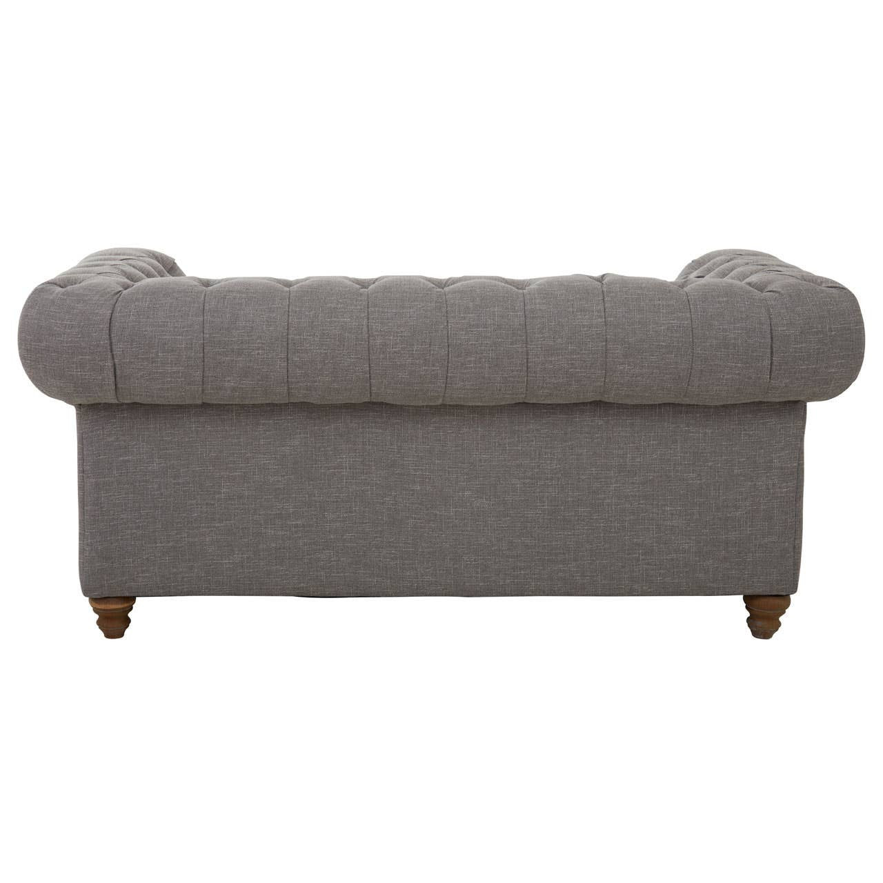 Grey linen two-seat sofa with a tufted backrest and rounded armrests, resting on wooden legs. The fabric has a soft texture, and the overall design is modern and minimalist