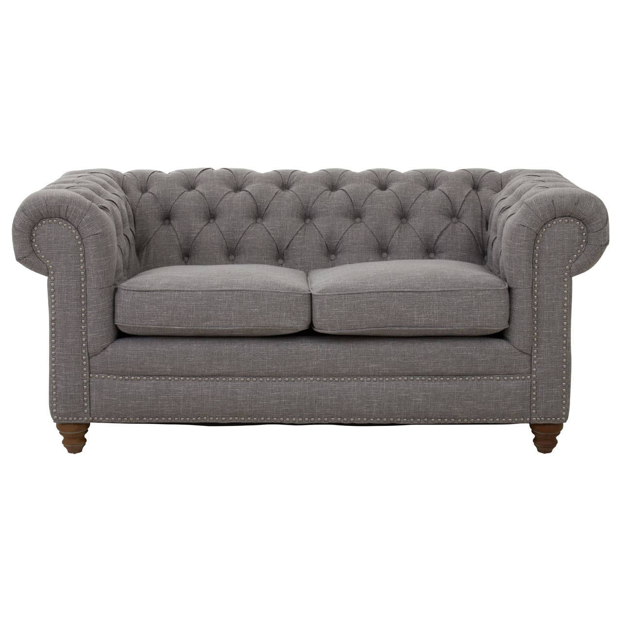 Two-seat sofa upholstered in grey linen with a tufted backrest and rolled arms, featuring wooden legs. The cushions are plush and inviting, designed for comfort and style
