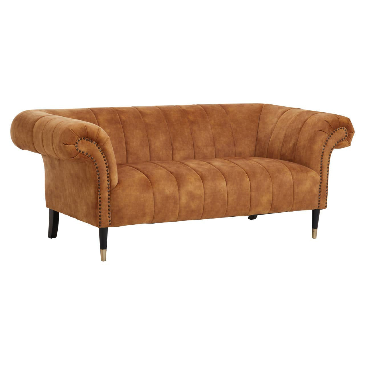 Two-seat sofa upholstered in rich gold velvet with a plush, tufted design and elegantly curved arms. The sofa features sleek black legs that add a modern touch to its classic style