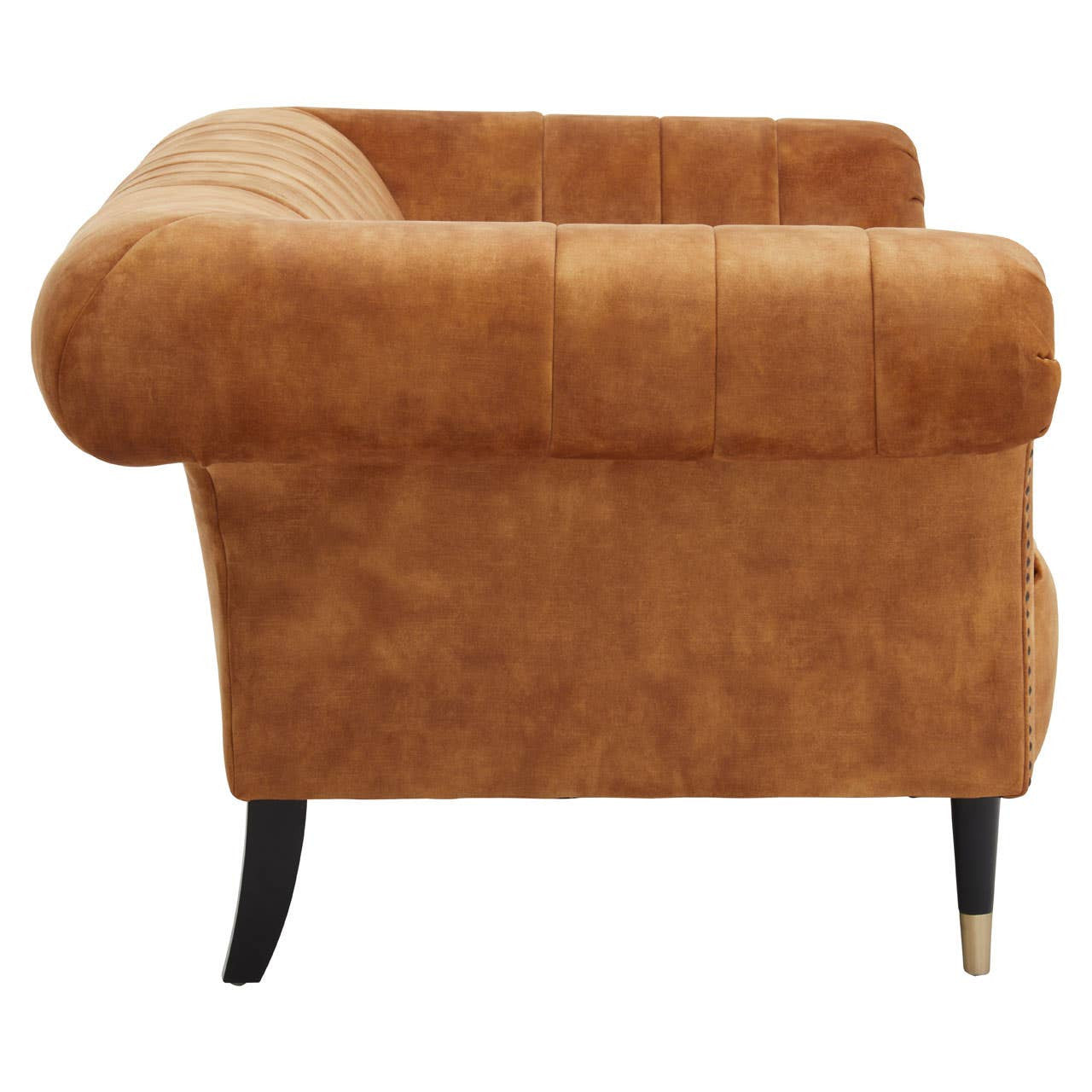 Siena Two Seat Gold Velvet Sofa featuring a plush, gold velvet upholstery, rounded arms, and sleek black legs with gold accents. The sofa has a contemporary design with a soft texture, ideal for adding elegance to any living space