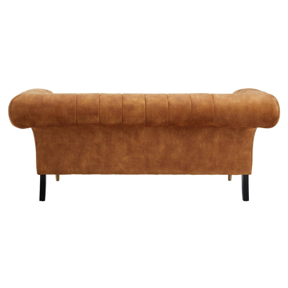 Gold velvet two-seat sofa with rounded armrests and a smooth, plush texture, supported by sleek black legs. The back of the sofa features a clean, minimalist design, showcasing its elegant silhouette