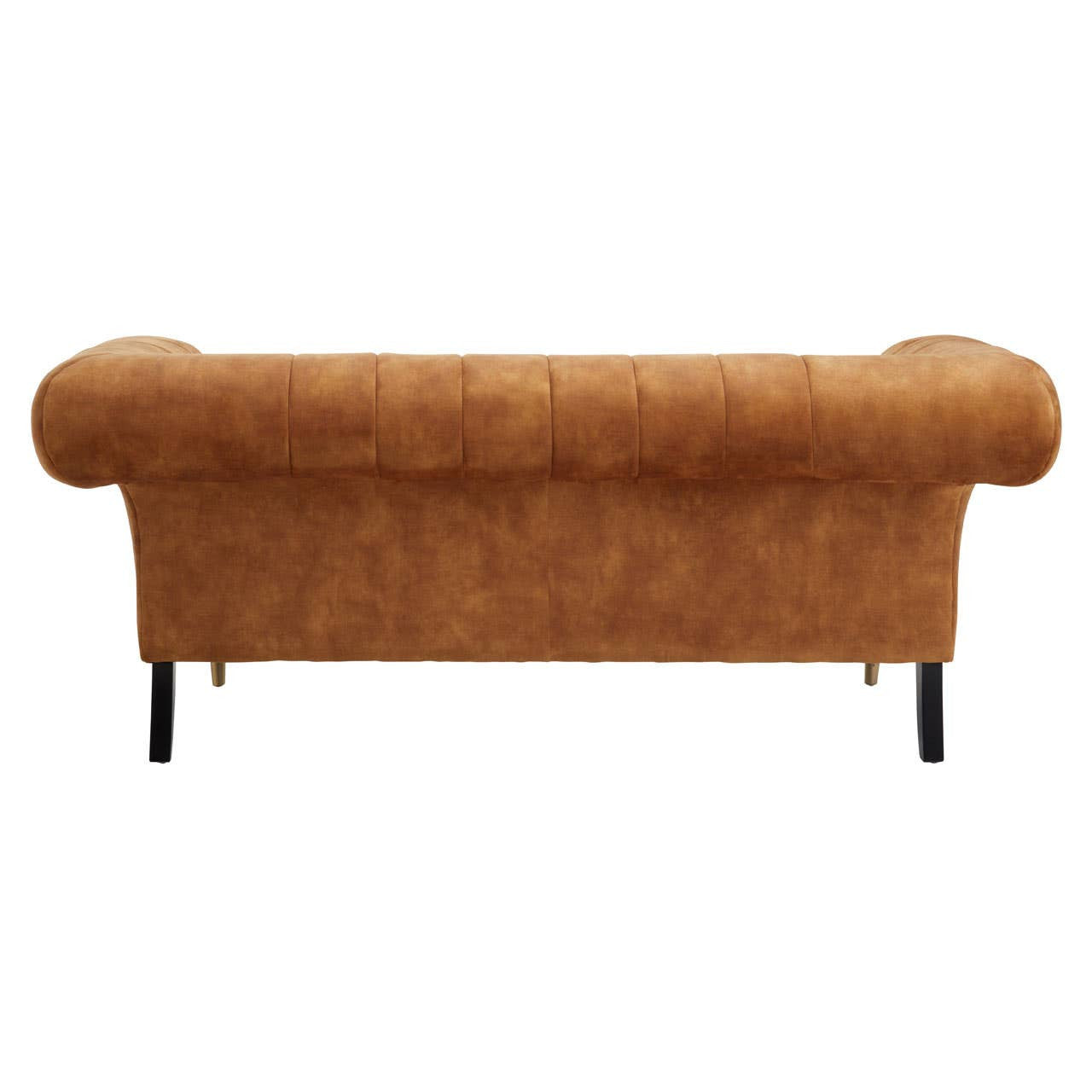 Gold velvet two-seat sofa with rounded armrests and a smooth, plush texture, supported by sleek black legs. The back of the sofa features a clean, minimalist design, showcasing its elegant silhouette