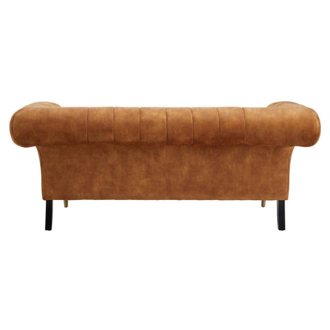 Gold velvet two-seat sofa with rounded armrests and a smooth, plush texture, supported by sleek black legs. The back of the sofa features a clean, minimalist design, showcasing its elegant silhouette