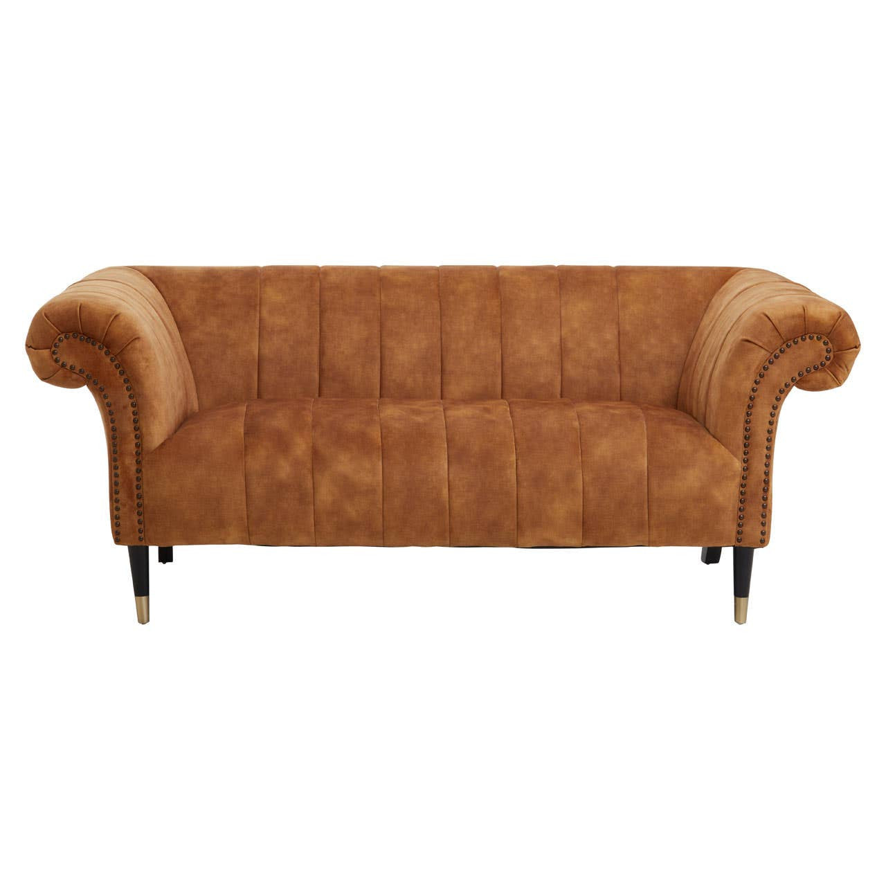 Two-seat sofa upholstered in rich gold velvet with a plush, tufted design and elegant rolled arms. The sofa features sleek black legs, adding a modern touch to its classic style