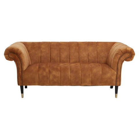 Two-seat sofa upholstered in rich gold velvet with a plush, tufted design and elegant rolled arms. The sofa features sleek black legs, adding a modern touch to its classic style