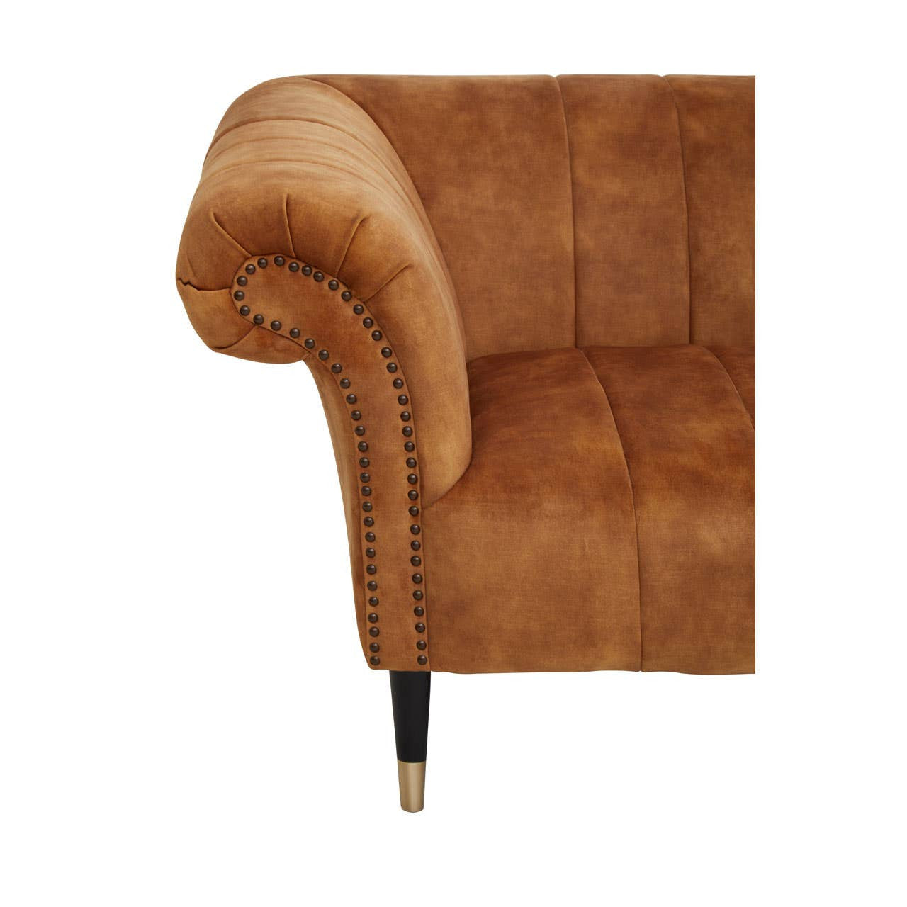 Gold velvet upholstery with a curved armrest and a black leg featuring a gold accent, showcasing a luxurious and modern design suitable for a two-seat sofa