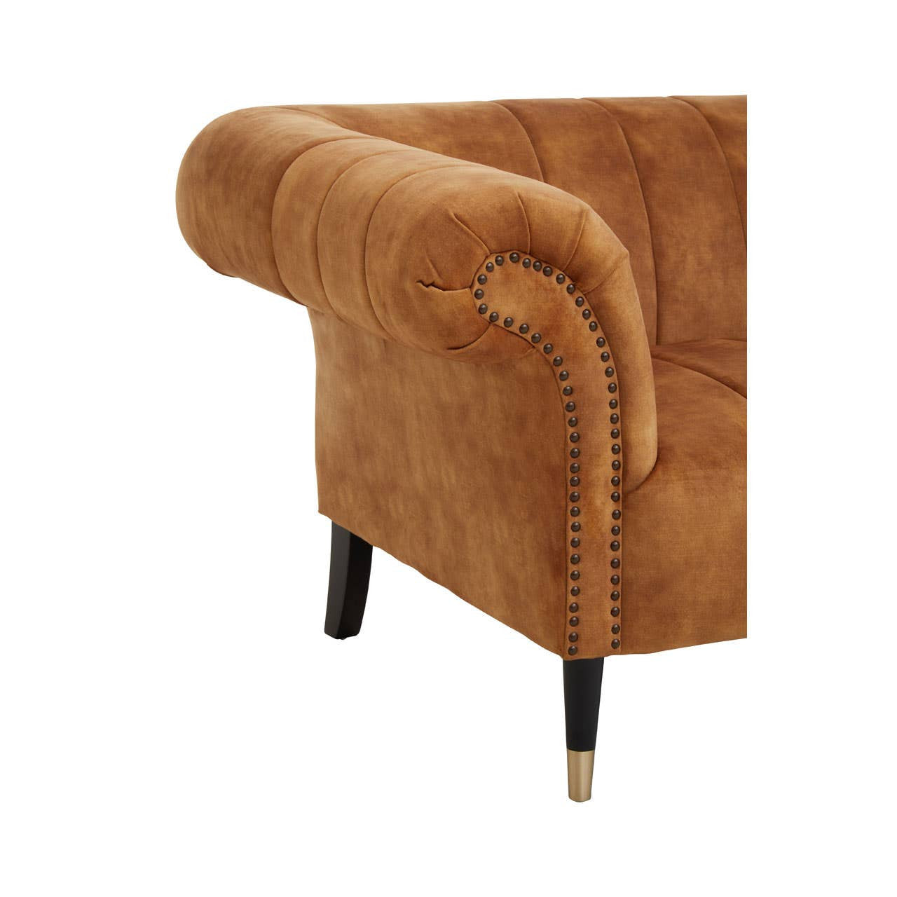 Gold velvet two-seat sofa featuring a curved armrest and tapered black legs with gold accents. The fabric has a soft, plush texture, enhancing its luxurious appearance