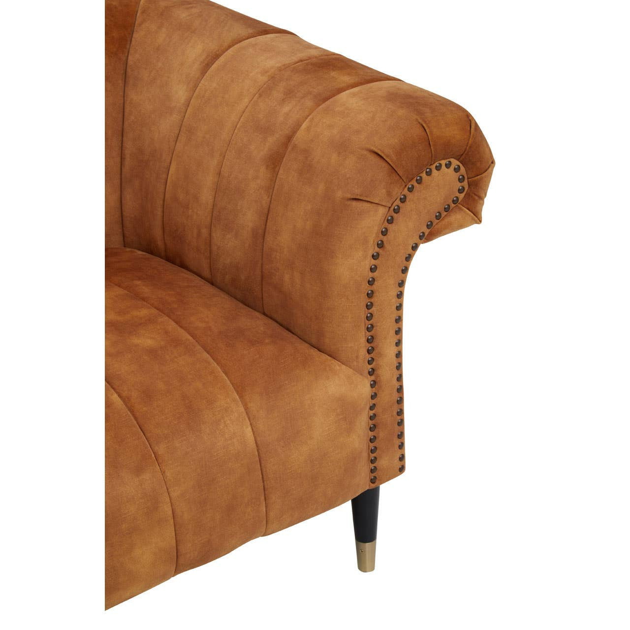 Gold velvet two-seat sofa featuring a tufted design, elegantly curved armrests, and black legs with gold accents. The rich texture of the fabric adds a luxurious touch to the overall aesthetic