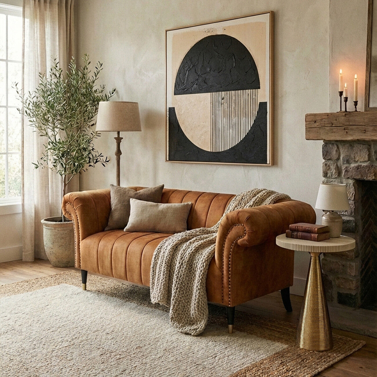 Gold velvet two-seat sofa with plush cushions, elegantly curved arms, and tapered wooden legs, set against a neutral wall with a large abstract artwork above. A cozy throw blanket and decorative pillows are arranged on the sofa, while a small round side table and a floor lamp complete the inviting living space. Natural light filters through sheer curtains, illuminating the warm tones of the room